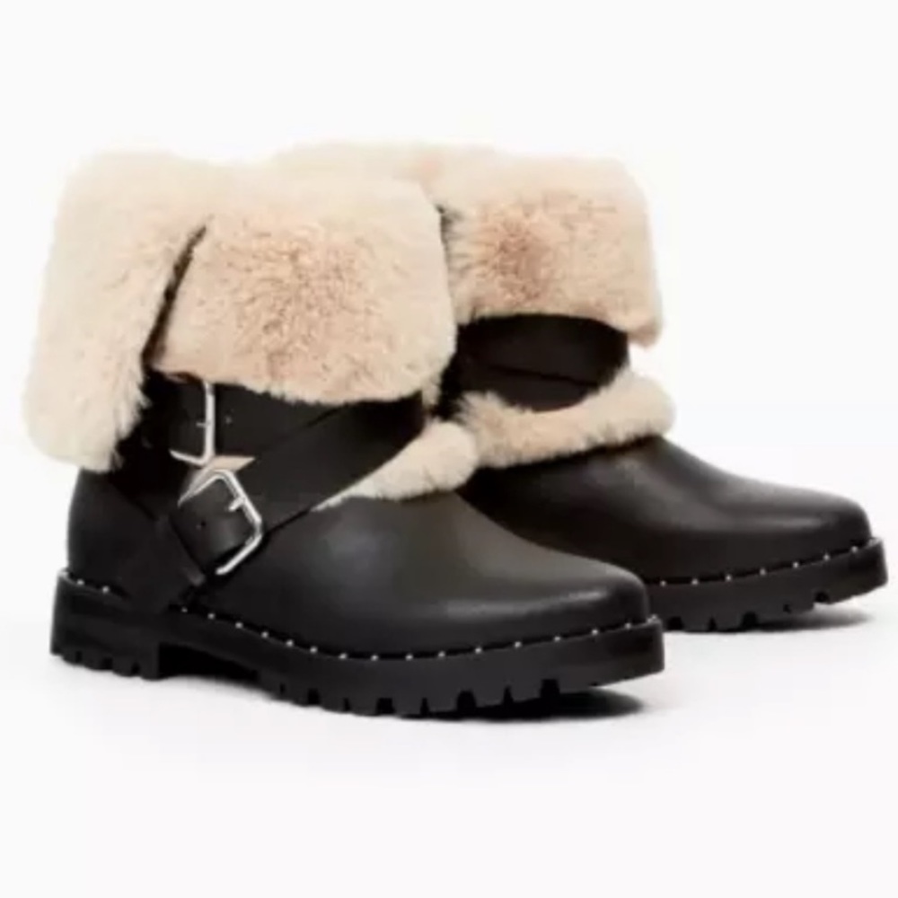 ZARA black ANKLE boots harness booties short biker moto shoes faux fur pull on 6